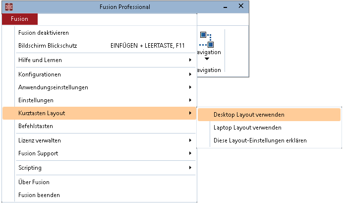 Elemente der Kurztastenlayouts, wie sie im Fusion Menü angezeigt werden