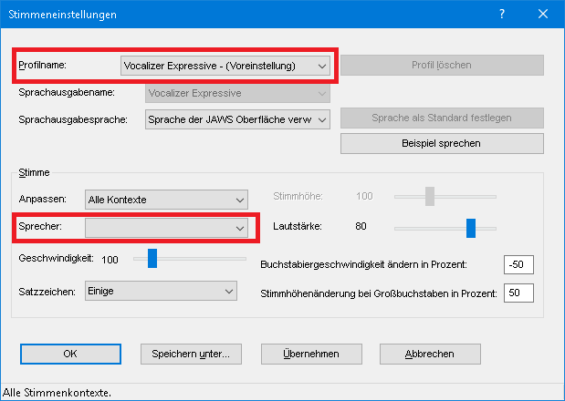 Das Dialogfenster Stimmeneinstellungen zeigt die Position der Einstellungen von Profilname und Sprecher