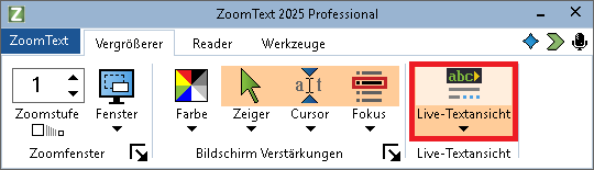 ZoomText Vergrößerer-Symbolleisten-Registerkarte mit Fokus auf der Schaltfläche Live-Textansicht.
