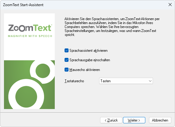 Die neue Seite Spracheinstellungen im ZoomText Start-Assistenten.