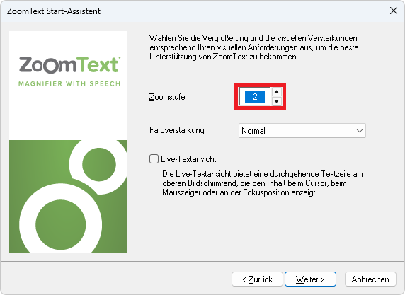 Die neue Seite Vergrößerung und visuelle Verstärkungen im ZoomText Start-Assistenten.