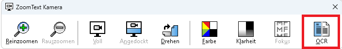 ZoomText Kamera Symbolleiste mit Fokus auf dem Schalter OCR.