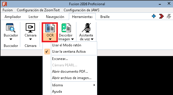 El botón OCR en la página Herramientas de Fusion. Se seleccionará la mitad inferior del botón y se mostrará una lista de opciones. 