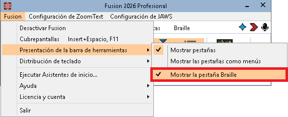 Barra de herramientas de Fusion con la pestaña Braille.