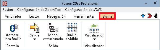 Pestaña Braille en la barra de herramientas de Fusion.