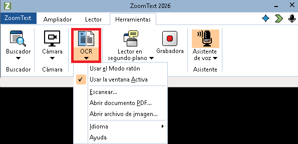 El botón OCR en la página Herramientas de ZoomText. Se seleccionará la mitad inferior del botón y se mostrará una lista de opciones. 
